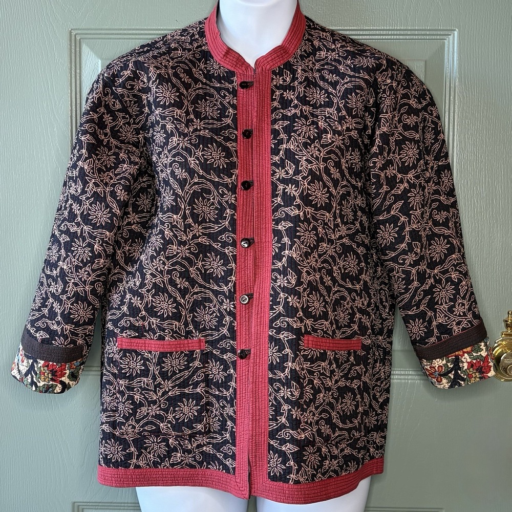 Reversible Quilted Jacket XL Floral Botanical Boho Chore Coat Asian Art to Wear - Picture 5 of 16